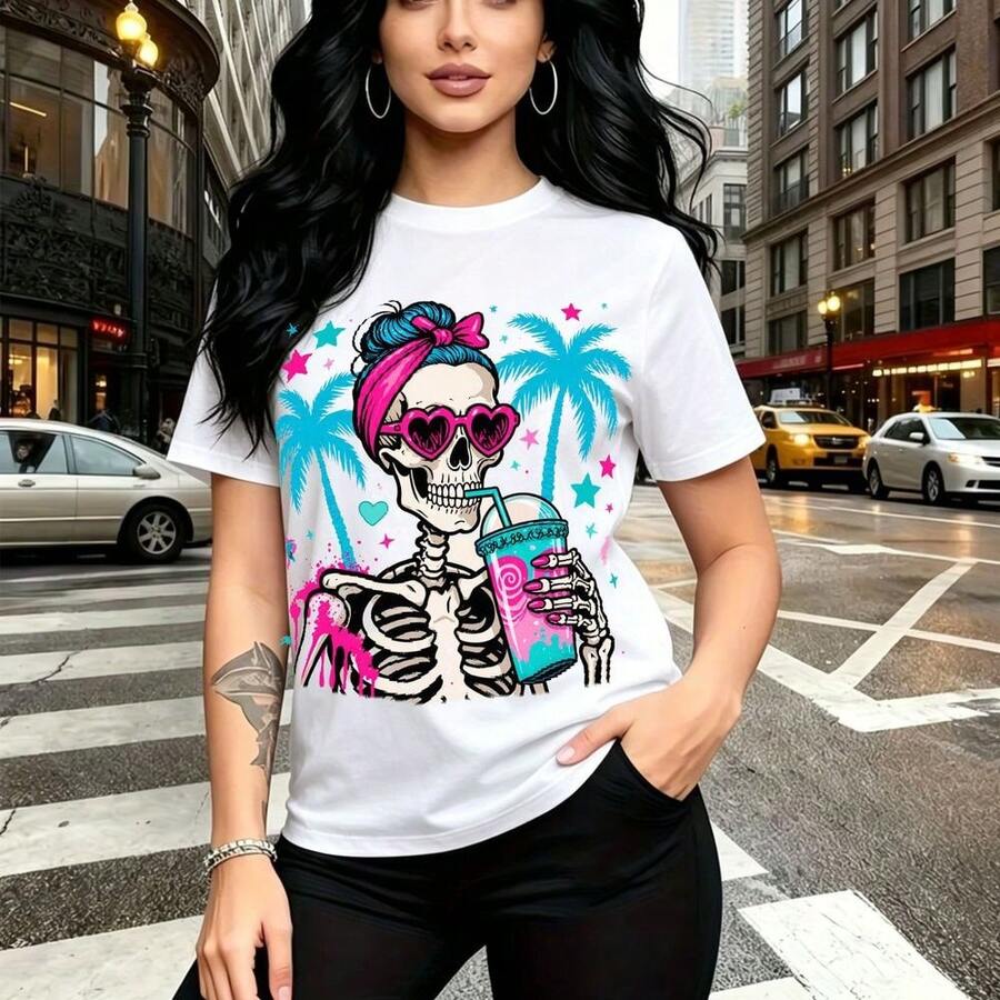 Camiseta de mujer con estampado colorido de calavera con gafas de sol en forma de corazón rosa y lazo tropical estilo Día de Muertos - diseño divertido y fresco, ajuste cómodo para todo el día, ideal para fiestas temáticas, salidas a la playa, evento - Blanco - Ver 1