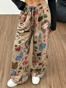 Pantalon large à imprimé de dessin animé pour femmes, pantalon long décontracté à coupe ample, effet amincissant, convient pour le printemps et l'été - Taupe - Voir 2