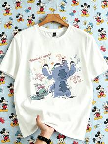 These 100% Cotton Disney Stitch-Themed Couple's T-Shirts Are Soft, Skin-Friendly, Breathable, And Comfortable, Designed Specifically For Summer. Each T-Shirt Features A Print Of Blue Stitch And Pink Angel From Disney's *Lilo & Stitch*, Along With The Words "Beautiful World" And Playful Elements Like Umbrellas, Musical Notes, And Dinosaurs, Creating A Warm And Romantic Couple's Look. The Simple White T-Shirts With Fun Prints Are Suitable For Various Everyday Occasions, Easily Creating A Refreshing And Sweet Summer Couple's Style. - Male - View 2