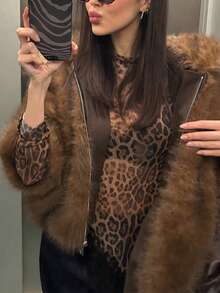 Women's New Elegant Leopard Print Lace Crew Neck Top, Asymmetrical T-Shirt, Suitable For Daily Wear All Seasons - Coffee Brown - View 5
