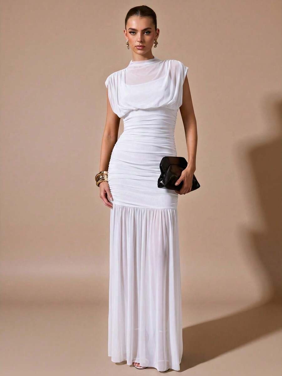Vestido negro envolvente de gasa elegante con pliegues, adecuado para citas románticas, fiestas, eventos formales, vestidos de dama de honor, vestido de verano para mujer, vestido para té, Año Nuevo, Día de San Valentín, vestido mini de cumpleaños - Blanco - Ver 1