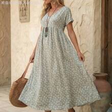 Fengyu Women's Clothing Store Vestido con estampado floral diminuto, cuello en V y bolsillo oculto - Multicolor - Ver 5