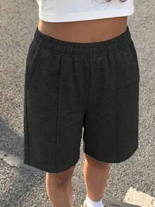 1 pieza Shorts tipo bermuda casuales deportivos cómodos de ajuste holgado para niñas, primavera verano otoño - Negro - Ver 2