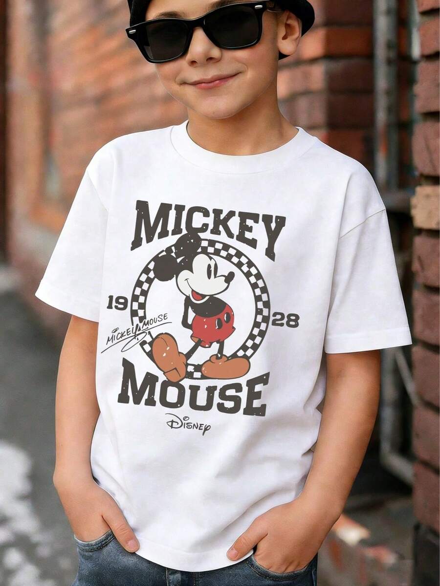 Disney Mickey Mouse Retro 1928 Black White Checkerboard Print Kids T-Shirt, Classic Character Signature Design Top For Boys & Girls 2-14Y, Express Delivery - trắng - Xem 1