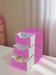 Full Rhinestone 3-Tier Small Drawer Desktop Storage Box Organizer For Jewelry And Cosmetics - Multicolor - View 9