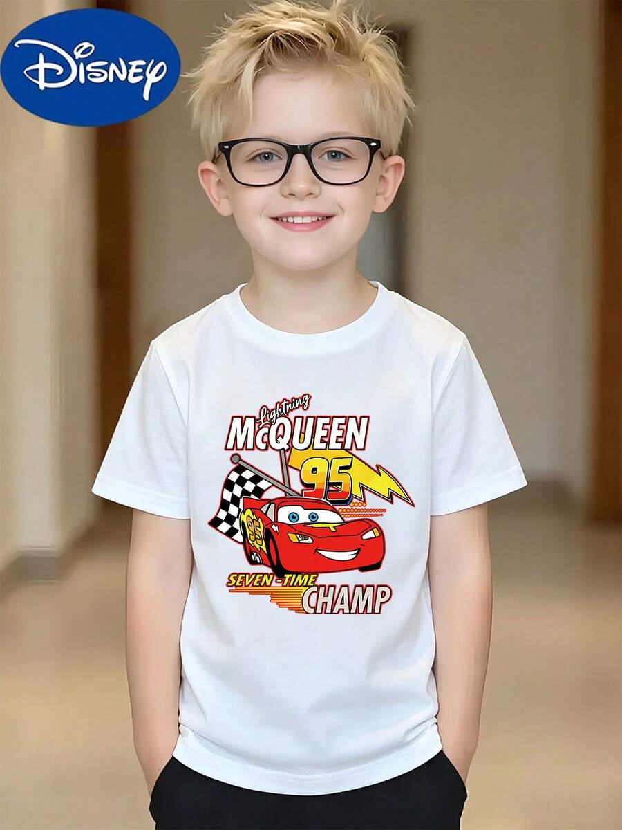 DISNEY Boys' Lightning McQueen T-Shirt - Cars Themed Short Sleeve Top With Lightning McQueen Print, Breathable Round Neck Tee Suitable For &, Machine Washable For Home,, Playdates - Spring Summer Casual Wear (No Transparency) - trắng - Xem 1