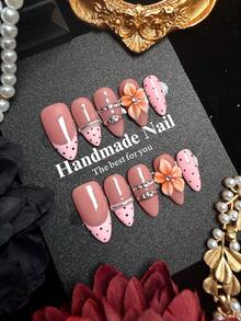 10 piezas de uñas postizas de forma almendrada hechas a mano, estilo Y2K, nude con puntas francesas rosas, lunares, flores 3D y cristales, juego de uñas postizas de acrílico de alta calidad, adecuado para el uso diario y festivo de las mujeres - Multicolor - Ver 4