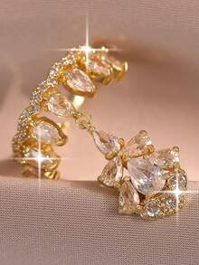 1pc Luxury Court Style Crown Cubic Zirconia Rings, Sparkling Water Drop Tassel Open Copper Ring, Suitable For Engagement/Wedding Banquets, Gatherings, Date & Daily - Crown - View 1