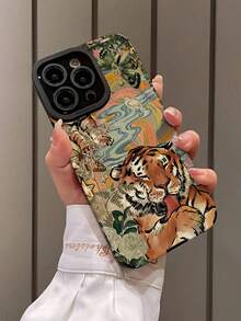1 Fashion Retro Cute Tiger Pattern Vertical Stripe Premium Faux Leather Anti-Fall Anti-Fingerprint Shockproof Phone Case Compatible With Apple And Models, Multi-Color - Multicolor - View 1