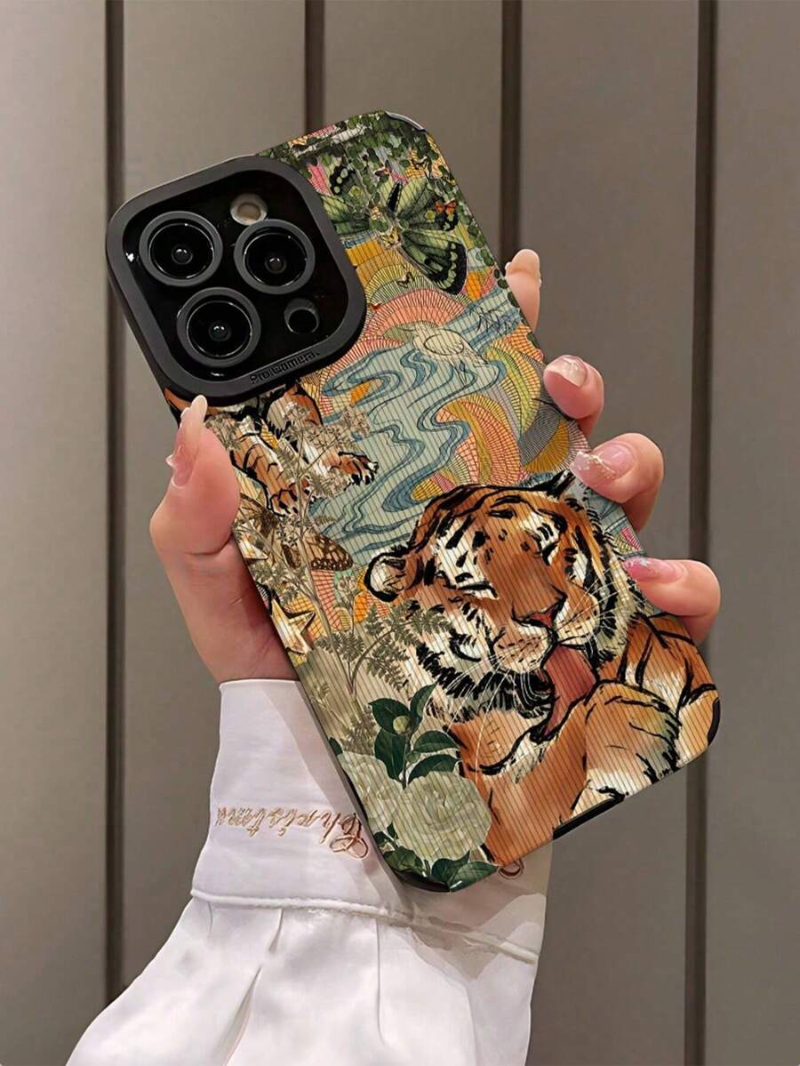 1 Fashion Retro Cute Tiger Pattern Vertical Stripe Premium Faux Leather Anti-Fall Anti-Fingerprint Shockproof Phone Case Compatible With Apple And Models, Multi-Color - Multicolor - View 1