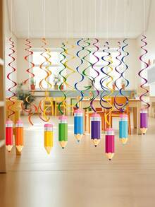 18pcs Back To School Hanging Rotating Decorations, Colorful Crayon Ceiling Hanging Ornaments, Welcome Back To School Pencil Party Decor, Suitable For Ceiling, Window, Mantel, Overhang, Doorway, Arch, Tree Branch, Hallway On The First Day Of School - Multicolor - View 1