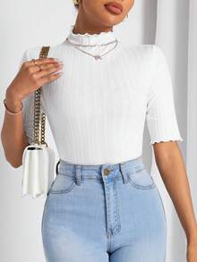 Camiseta de punto acanalado con cuello alto y ribete de lechuga - Blanco - Ver 1