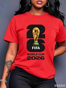 [Official FIFA World Cup Licensed]Graphic[FIFA World Cup Licensed]2026 World Cup, Football-Themed Fun Printed Short-Sleeve T-Shirt, Street Style Print Design, Summer Top, A Must-Have For Fans, Available In Men's And Women's Styles, Suitable As A Birthday Gift For A Boyfriend T-Shirt - 紅色 - 查看 3