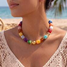 Women's Colorful Acrylic Beaded Necklace, Bohemian Style Heart & Starfish Pendant Necklace, Adjustable, Summer Beach Vacation Jewelry Gift - Multicolor - View 4