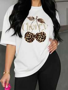 Camiseta Casual de Manga Corta para Mujer Semetransparente, Tela ligera  Estampado de Leopardo y Cerezas, Negra con Detalles Dorados Brillantes, - Blanco - Ver 1