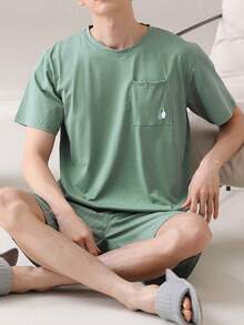 AICJ 男士纯色休闲宽松简约口袋圆领短袖格子短裤睡衣套装（2件套），适合春夏穿着 - 薄荷綠 - 查看 3