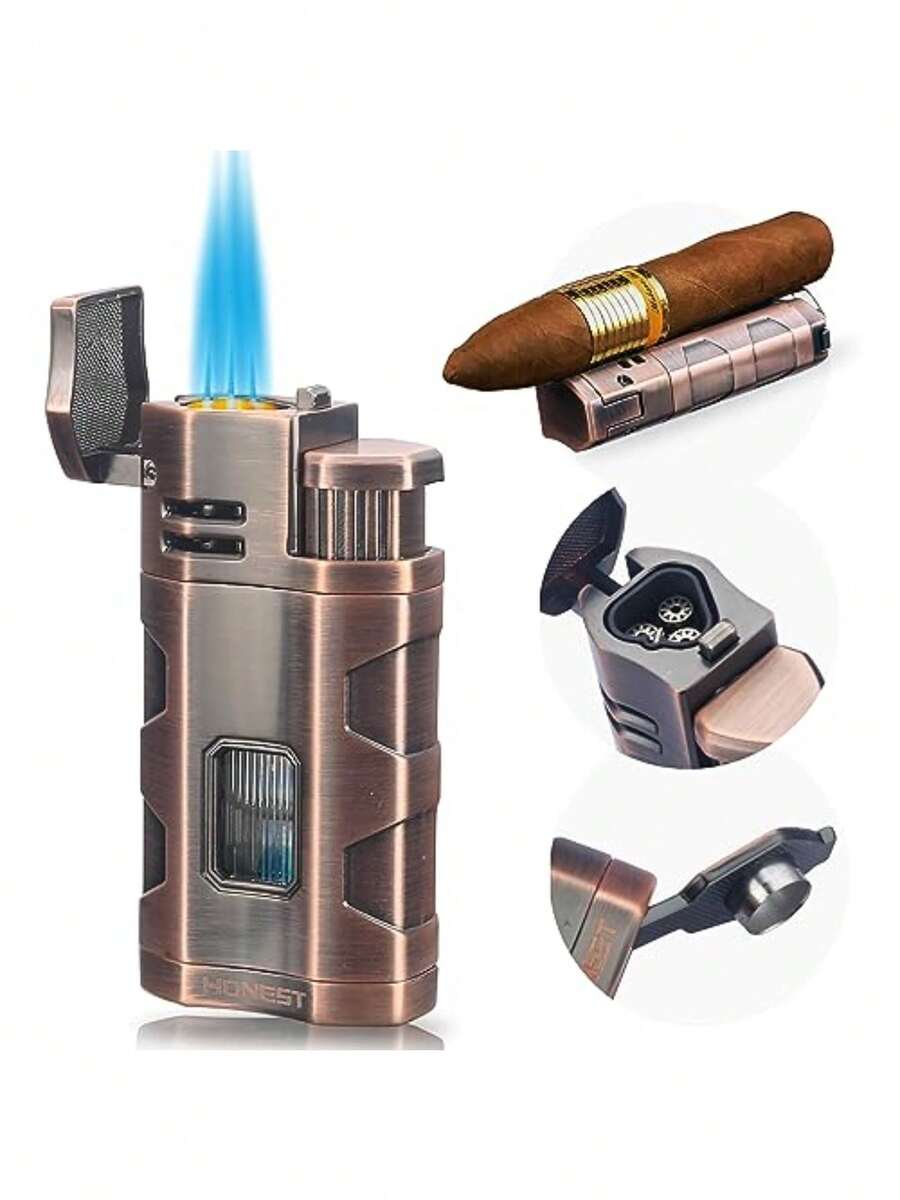 PROMISE Encendedor de antorcha a Prueba de Viento Llama de Chorro Triple Encendedor de Gas Recargable de butano Idea de Regalo del Padre Cobre Rojo - CobreRojo - Ver 1