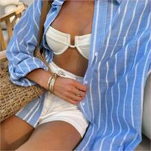 WNS  Camisa casual de mujer de un solo pecho con hombros caídos y mangas enrolladas a rayas - Amarillo - Ver 2