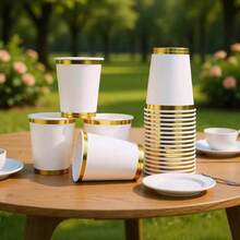 100pcs Disposable Paper Cups, 9oz, Approx 270ml, Double Gold Rim White Paper Cups, Double Gold Rim White Party Cups, Coffee Cups, Coffee Tea Cups, Cold & Hot Beverage Cups, Suitable For Birthday Parties, Family Gatherings, Picnics, Party Decorations, Party Essentials - White - View 2