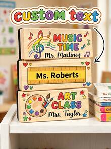 Custom Engraved Wooden Whiteboard Erasers With Music, Art & Ruler Patterns. Solid Wood Body, Felt Surface, Durable And Customizable With Names & Subjects. Perfect Teachers' Day, Back-To-School And Graduation Gifts For Classroom & Office Use. - Multicolor - View 2
