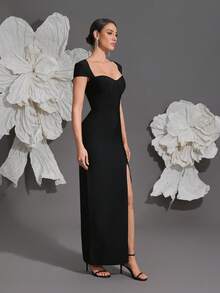 Strick-Bandage-Bodycon-Kleid, sexy figurbetonte Silhouette, luxuriöses europäisches und amerikanisches Design, Hochzeit, Schwarz, Party - Schwarz - Übersicht 3
