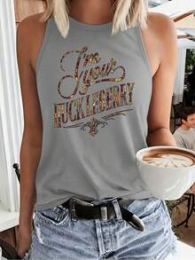 Party Graphic TeeSleeveless Vest, Letter Anime Print, Spring And Summer Women's Casual Loose Breathable Vest Top, Beautiful Back Door Convenience, Fashionable Round Summer S Shirt For Women, 2D Print Im YourHUCKLEBERRYornamental ScrollworkLoose And ComfortableY2K Coquette Graphic Tee For Women Casual Summer Party Top - 白色 - 查看 7