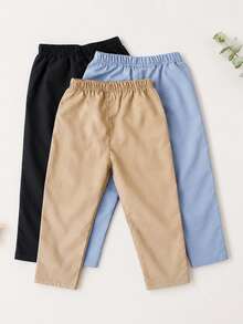 Conjunto de 3 pantalones largos casuales con bolsillos y cordón para niños, de unicolor delgado y de estilo versátil, adecuados para uso diario, escuela y viajes - Multicolor - Ver 2