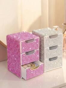 Full Rhinestone 3-Tier Small Drawer Desktop Storage Box Organizer For Jewelry And Cosmetics - Multicolor - View 6