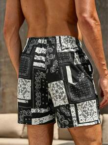 Pantalones cortos deportivos antiarrugas para hombre, pantalones cortos de surf con estampado de cachemira patchwork transpirables, perfectos para regalos festivos y deportes - Negro - Ver 2