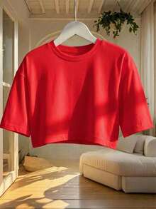 Blusa de mujer de corte holgado, cuello redondo, manga corta, casual, adecuada para primavera y verano, con estilo minimalista, elegante y sexy Y2K, apta para uso diario, oficina, hogar y exteriores - Rojo - Ver 1
