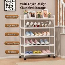 1pc Multi-Tier Large Capacity Waterproof Plastic Shoe Rack, Minimalist White Grid Storage Shoe Organizer, Portable Multi-Layer Entryway Shoe Rack, Multifunctional Shelving Unit With Casters For Bedroom, Bathroom, Closet, Hallway - Multicolor - View 4