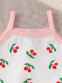 2pcs Baby Girls' Cute Sweet Cherry Pattern Ribbed Camisole Top And Shorts Set, Lightweight Summer Outfit - Baby Pink - View 4