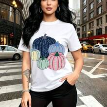 Camiseta de mujer con estampado de calabazas coloridas estilo artístico - camiseta casual de manga corta, ajuste cómodo y moderno, estilo urbano vibrante para el día a día en la ciudad - ideal para fiestas temáticas de Día de Muertos, salidas casuale - Blanco - Ver 10