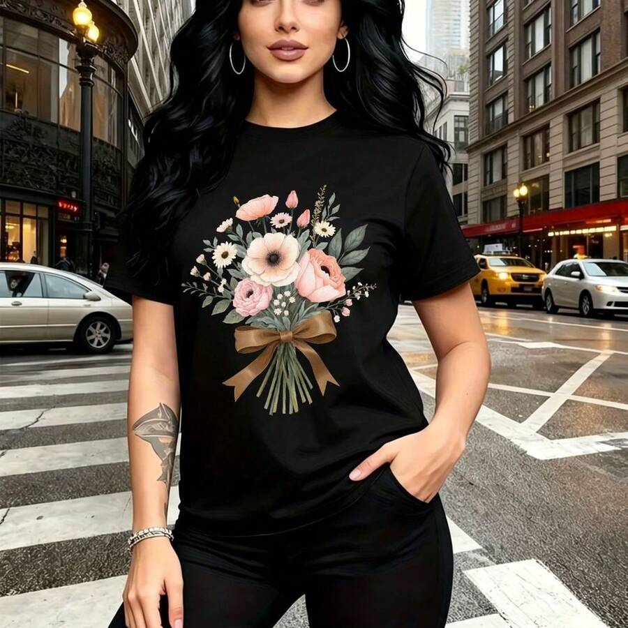 Camiseta de mujer con estampado floral colorido y lazo marrón, diseño de rosas y flores blancas sobre fondo negro - camiseta casual de manga corta con cuello redondo, ajuste cómodo y elegante para el día a día en la ciudad - ideal para paseos urbanos - Negro - Ver 1