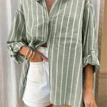 WNS  Camisa casual de mujer de un solo pecho con hombros caídos y mangas enrolladas a rayas - Amarillo - Ver 8