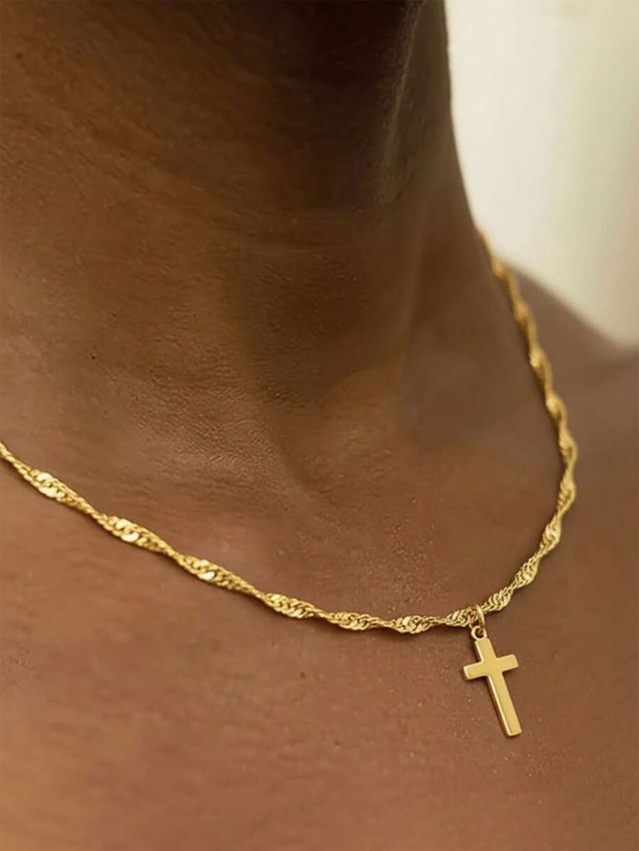 1pc Non-Fading Titanium Steel Necklace, Thin Twisted Chain With Polished Cross Pendant, Minimalist Premium Style, Matte Gold, Unisex For Men And Women, Suitable For Daily/Commute/Layering, Christmas/New Year Vibe Accessory - necklace - View 1