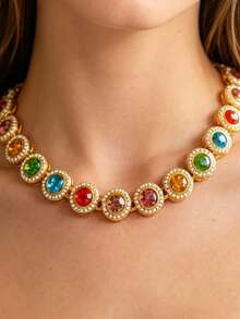 1pc Fashionable Women's Rhinestone Encrusted Round Tennis Chain Crystal Necklace, Shiny Hip-Hop Style Cuban Chain Jewelry, Valentine's Day Gift 2025 - Sparkling Jewelry - View 20