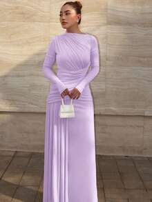 Vestido Nuevo de Otoño-Invierno para Mujer, Manga Larga, Cuello Redondo, Color Sólido, con Pliegues, Ajustado, Estilizante, Elegante y de Moda, Perfecto para Oficina, Cita, Fiesta, Looks Diarios - Morado - Ver 4