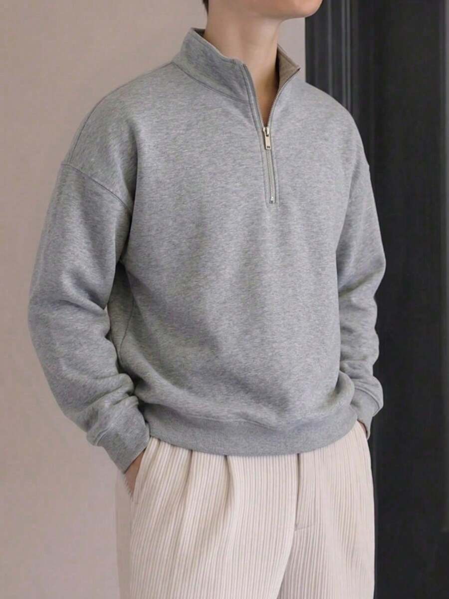 Sudadera casual de hombre de unicolor con cuello de media cremallera, primavera/otoño - Azul marino - Ver 1