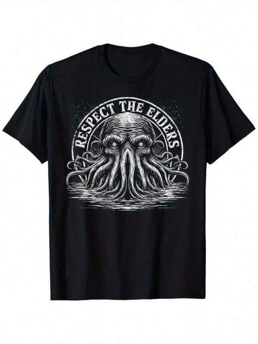 Camiseta gráfica vintage de terror cósmico de Cthulhu Respect the Elders - Tela suave de 180gsm, camiseta de manga corta de ajuste relajado para hombres y mujeres, ropa casual de verano, viajes, deportes - Lavable a máquina, regalo ideal para cumpleaños, Halloween, Navidad, ropa de Halloween, camiseta de estilo retro, camiseta de ajuste cómodo, ropa de viaje, material suave, ropa unisex, compradores de regalos - Negro - Ver 1