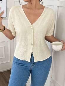 PARARAL Ropa Casual de Verano para Mujer Talla Grande - Top de Manga Corta con Tela Texturizada Estilo Vacaciones, Top de Verano para Mujer, Ropa de Vacaciones para Mujer, Top Casual para Mujer, Top de unicolor para Mujer - Albaricoque - Ver 9