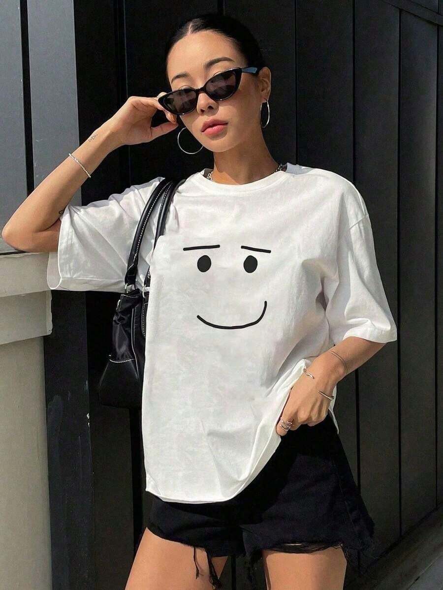 Anime Robloxs Robot Face T-Shirts For Women, Funny Round Neck T-Shirts, Short-Sleeve T-Shirts, Women's Clothing, Harajuku T-Shirts, Summer T-Shirts - 黑色 - 查看 1