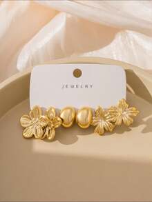 6/18pcs Gold Flower & Teardrop Earring Set, Elegant Versatile Earrings For Dates, Work And Multiple Occasions - Gold - View 5