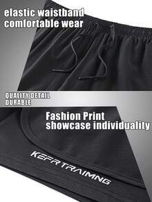 2pcs/Set Men's 2-In-1 Fitness Shorts, Outdoor Sports Running Breathable Quick-Dry Printed Shorts Black - Black - View 4