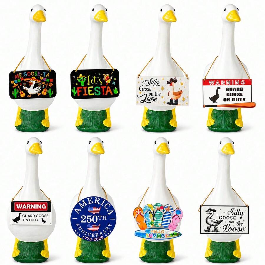 1-8 Sets Porch Goose Decor, 17"/23" Concrete Plastic Goose Duck Lawn Statue Costumes With Porch Goose Hanging Decorations (Goose Statue Not Included) - A - View 1