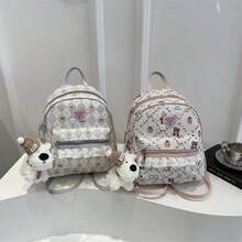 Bolso de cuero genuino de lujo, clásico y elegante, adecuado para uso diario y ceremonias. Mochila de gran capacidad para estudiantes con colgante con estampado de chica dulce 2026. - Rosa con colgante - Ver 1
