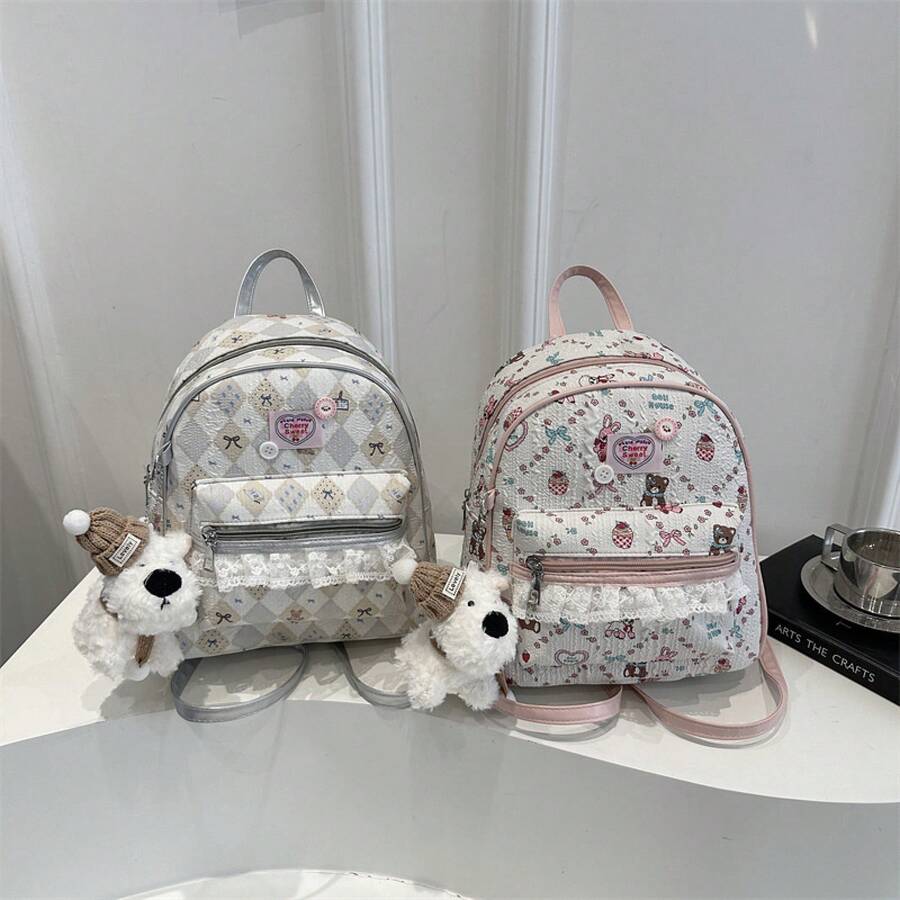 Bolso de cuero genuino de lujo, clásico y elegante, adecuado para uso diario y ceremonias. Mochila de gran capacidad para estudiantes con colgante con estampado de chica dulce 2026. - Rosa con colgante - Ver 1