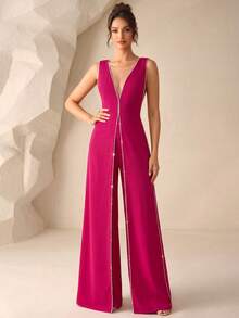 Diamond Chain Decor Deep V-Neck Sleeveless Split Leg High-End Evening Gown Pants - Hot Pink - View 1