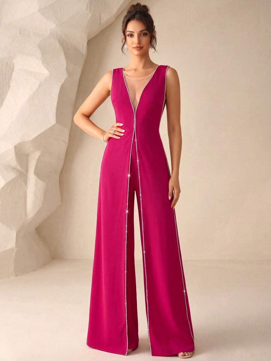 Diamond Chain Decor Deep V-Neck Sleeveless Split Leg High-End Evening Gown Pants - Hot Pink - View 1