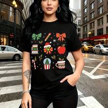 Camiseta de mujer con estampado festivo colorido de lares, libros y regalos - diseño alegre y moderno, ajuste cómodo y casual, estilo urbano perfecto para días soleados o paseos por la ciudad - regalo ideal para mamá, esposa, novia, hermana mayor y h - Negro - Ver 10
